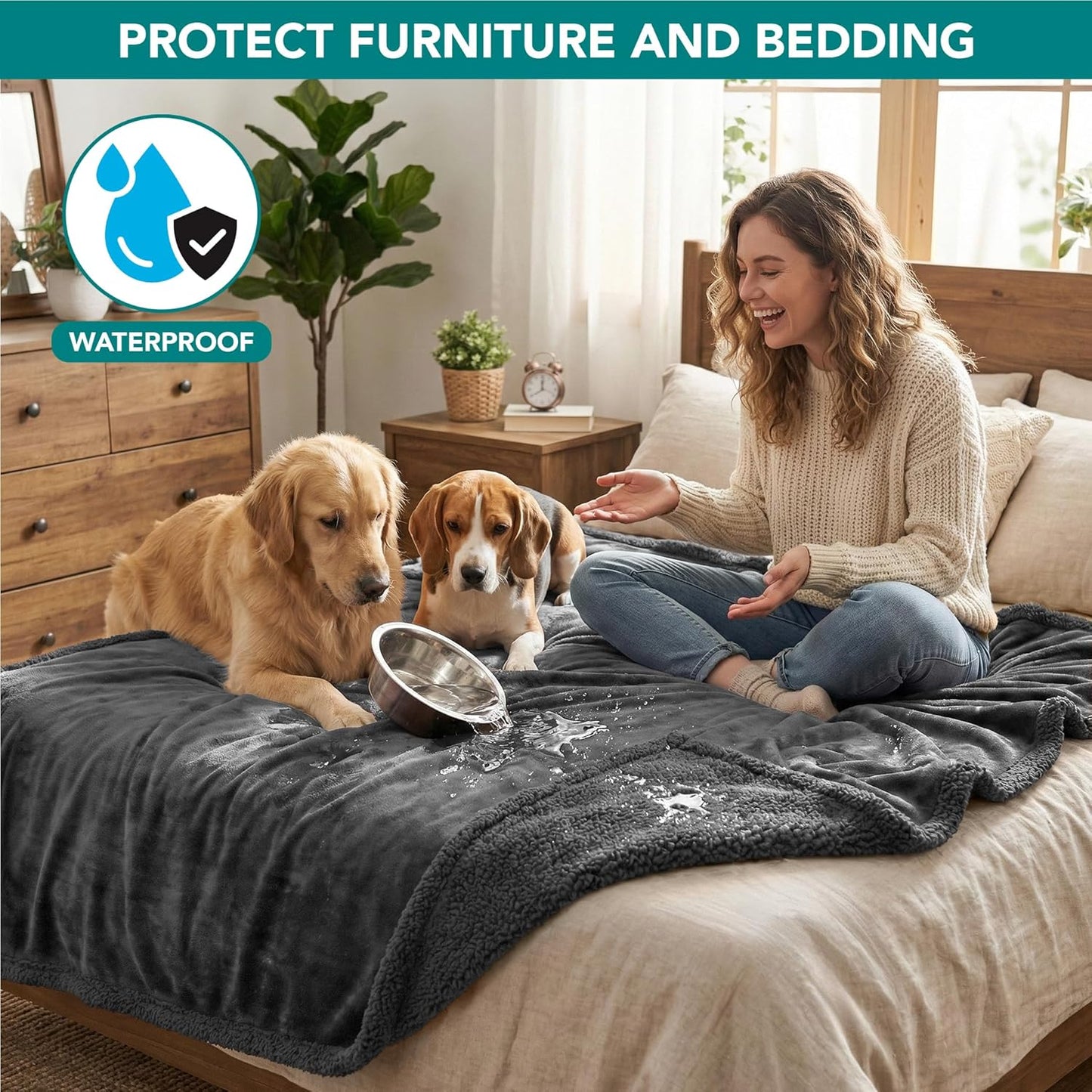 Waterproof Dog Blanket for Bed, Couch, Sofa | Waterproof Dog Bed Cover for Large Dogs, Puppies | Sherpa Fleece Pet Blanket Furniture Protector | Reversible Microfiber