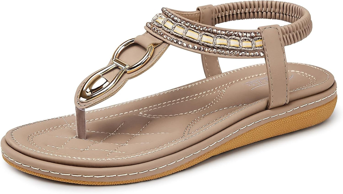 Womens Sandals Dressy Summer: Women Comfortable Walking Flat Bohemian T-Strap Ladies Casual Comfy Sandals