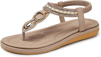 Womens Sandals Dressy Summer: Women Comfortable Walking Flat Bohemian T-Strap Ladies Casual Comfy Sandals